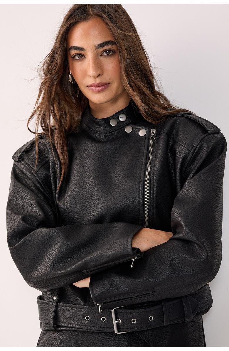 NASTY GAL Belted Faux Leather Biker Jacket, Alternate, color, Black