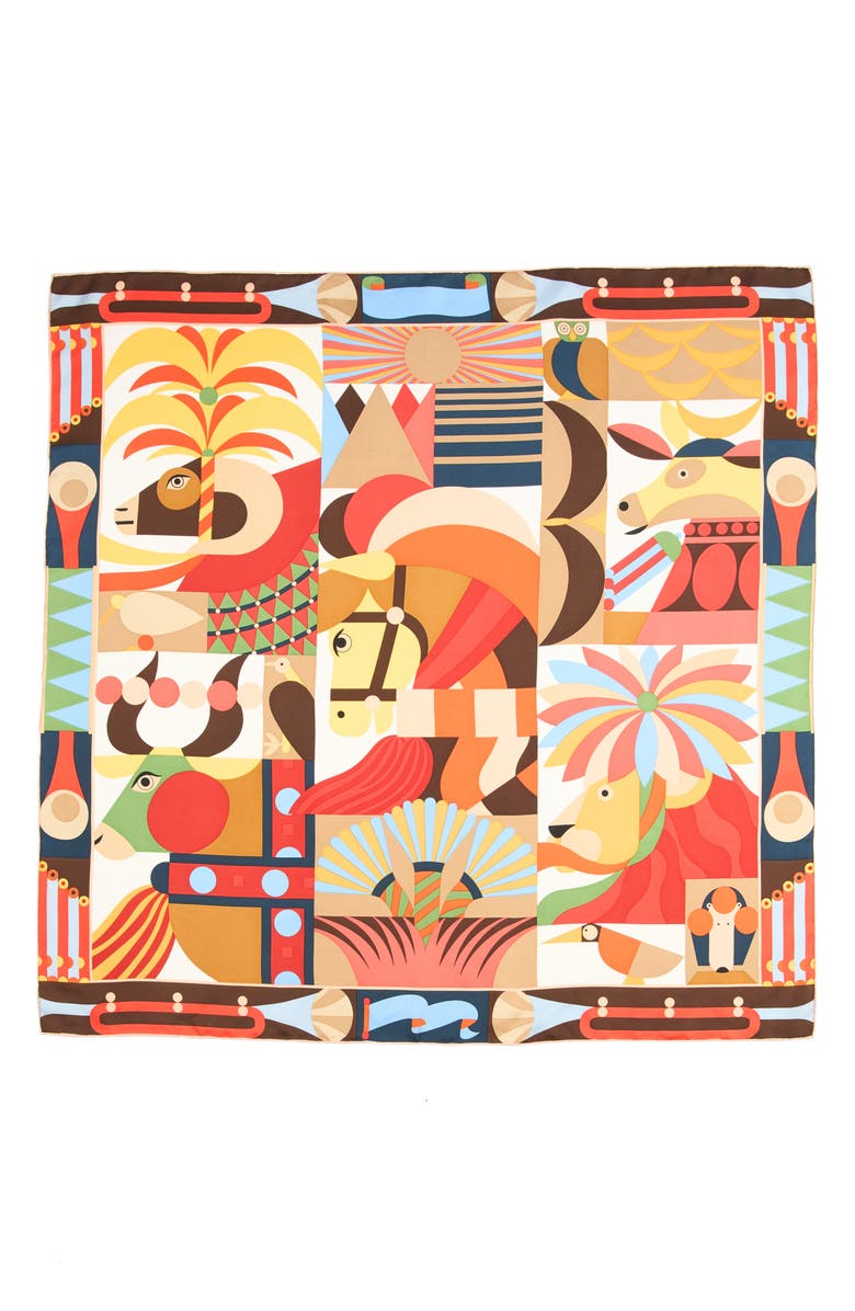 Viens Avec Moi Abstract Art Large Silk Square Scarf, Alternate, color, Browns Orange And Cream