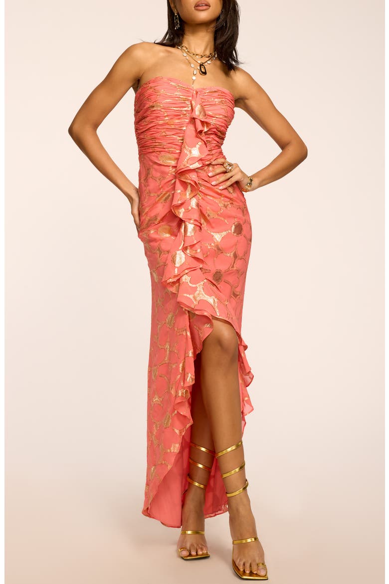 Daisy Goldie Metallic Strapless Gown, Main, color, CORAL JACQUARD