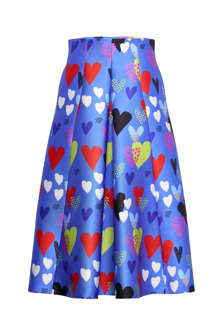 Printed Micado Skirt Multi-color - Heart print, Alternate, color, Blue / Multicolour