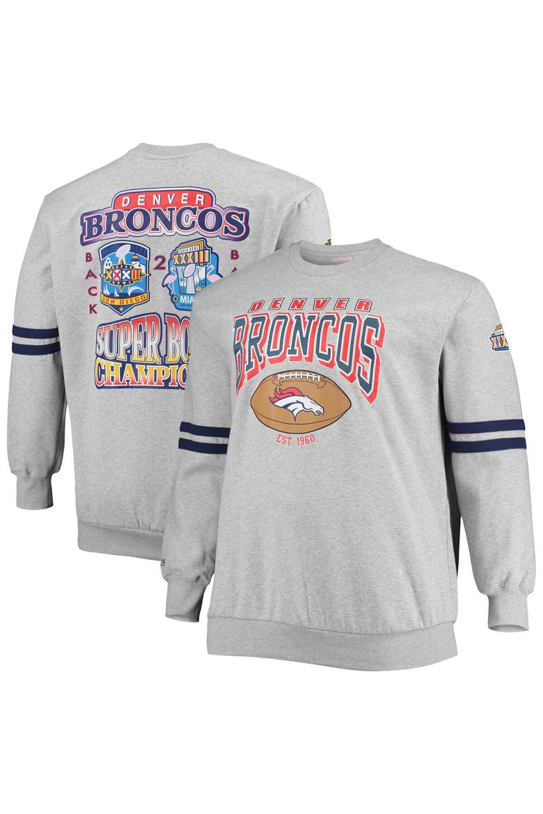 Men's Mitchell & Ness Heathered Gray Denver Broncos Big & Tall Allover Print Pullover Sweatshirt, Main, color, Heather Gray