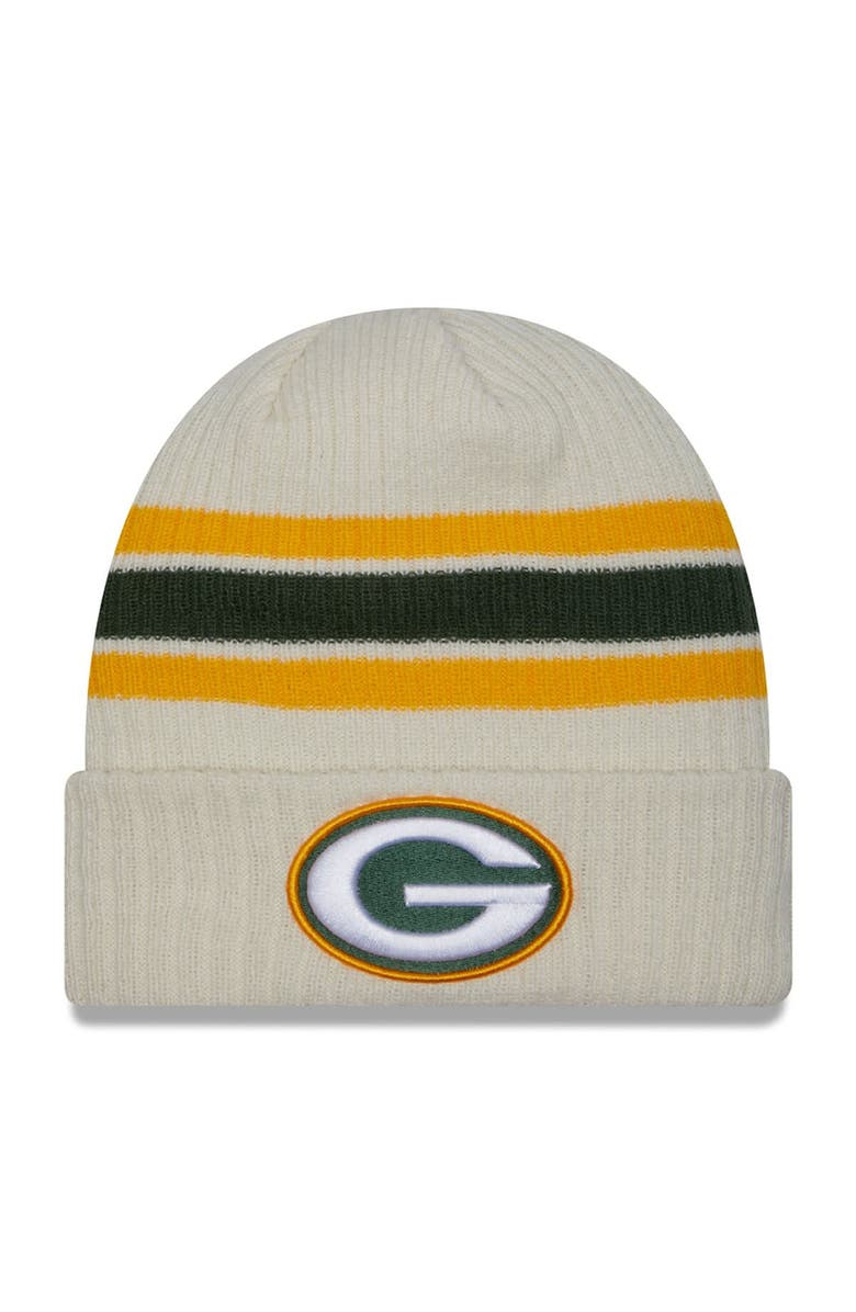 New Era Men's New Era Cream Green Bay Packers Team Stripe Cuffed Knit Hat, Main, color,