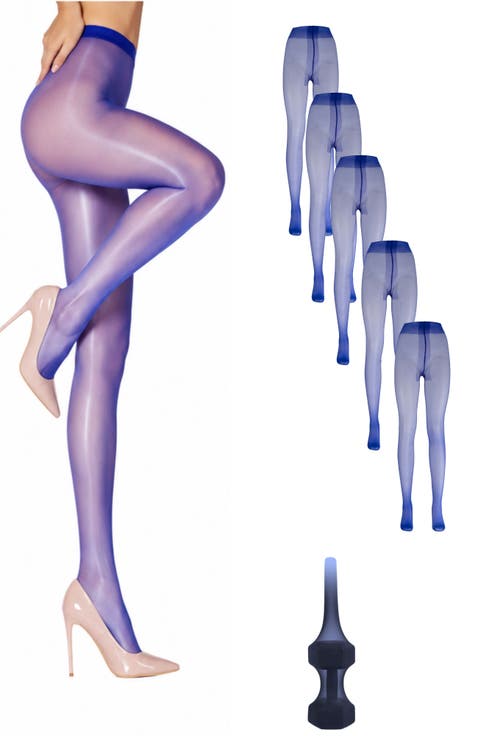 5-Pack Glossy Semi-Sheer Opaque Ladder Resistant Party Evening Tights for Women