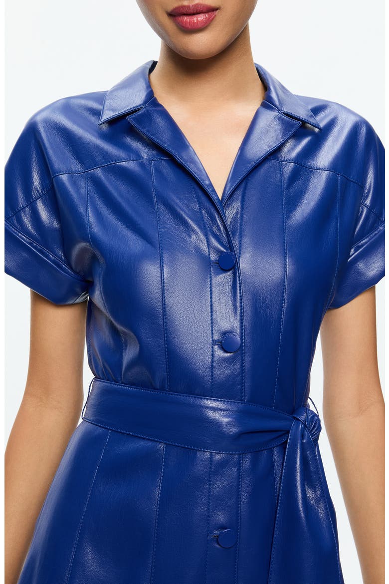 Shirley Pleated Tie Waist Faux Leather Minidress, Alternate, color, ROYAL