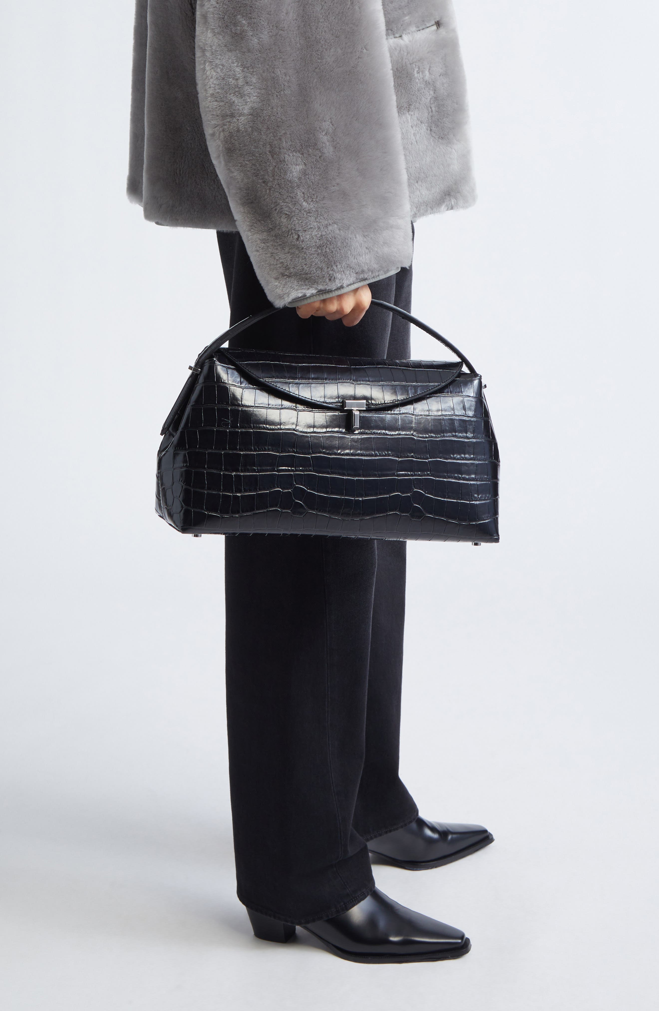 TOTEME T-Lock Croc Embossed Leather Top Handle Bag, Alternate, color, 