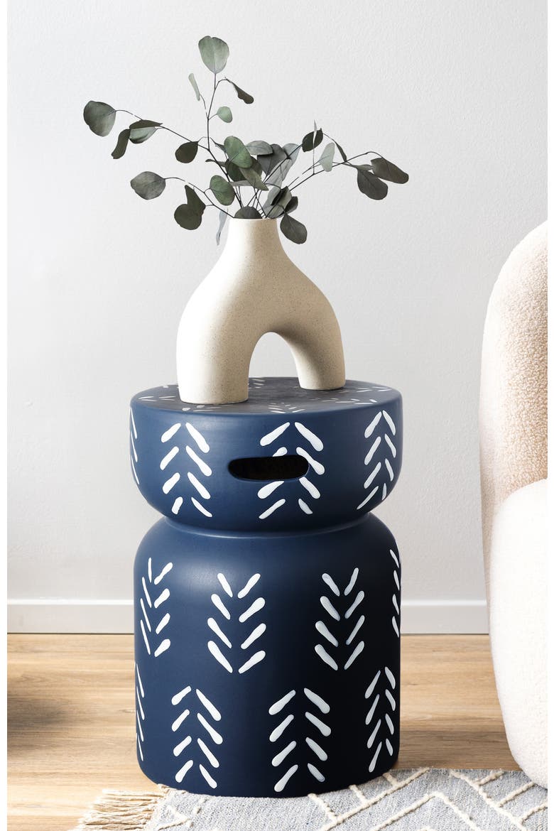 Kiri Bohemian Chevron Hourglass Ceramic Indoor/Outdoor Garden Stool with Handles, Weather-Resistant Accent Side Table, Alternate, color, Navy/White