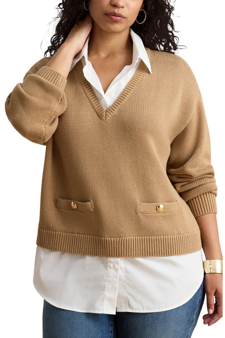 Mixed Media Polo Sweater, Main, color, BEIGE/ WHITE