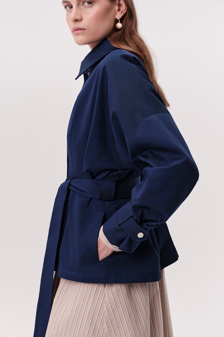 Kelly Notched Collar Pleated Belted Trench Coat, Alternate, color, Navy