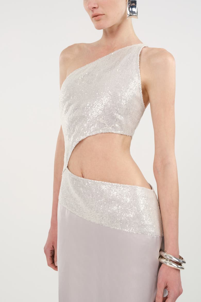 Sequin One Shoulder Cutout Maxi Dress, Alternate, color, Metallic Silver