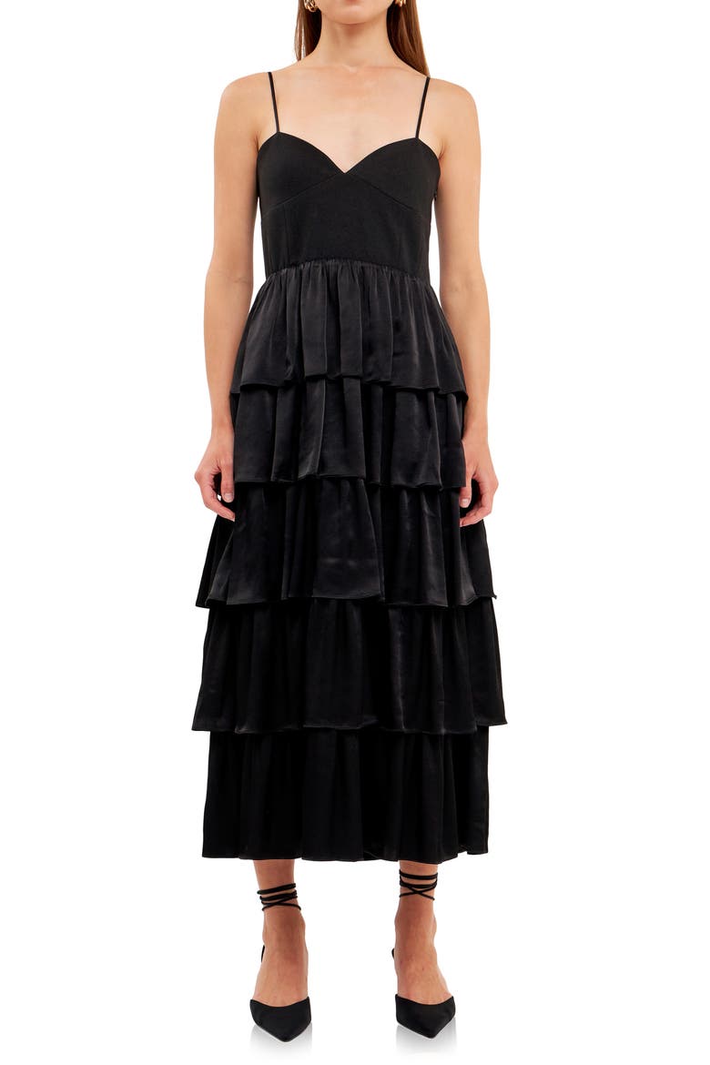 Tiered Sweetheart Neck Midi Dress, Alternate, color, BLACK