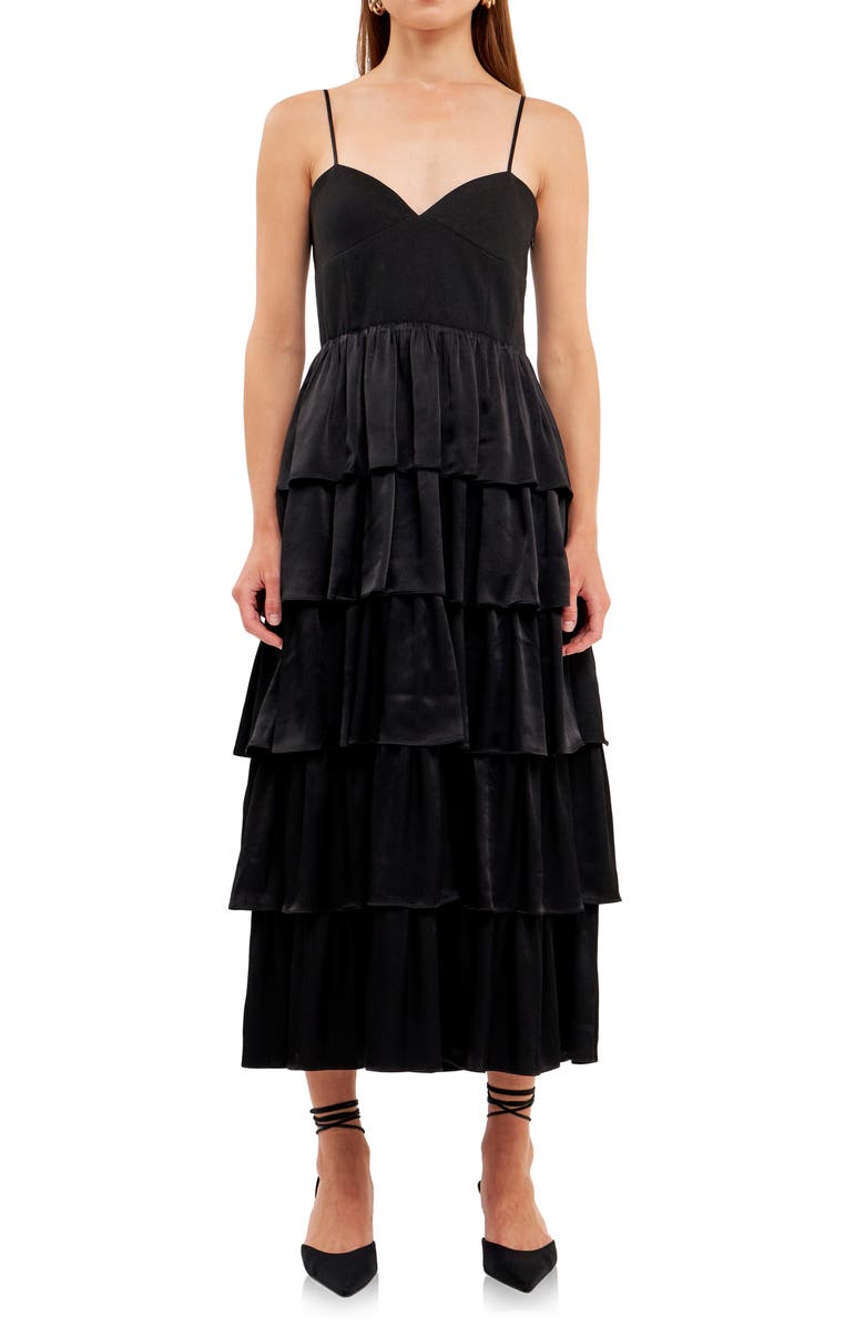 Endless Rose Tiered Sweetheart Neck Midi Dress, Alternate, color, Black