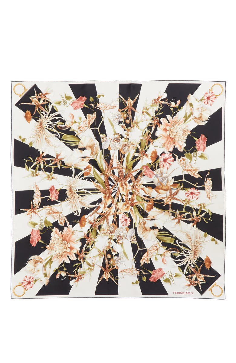 FERRAGAMO Gaia Floral Silk Square Scarf, Main, color, Black/Ivory