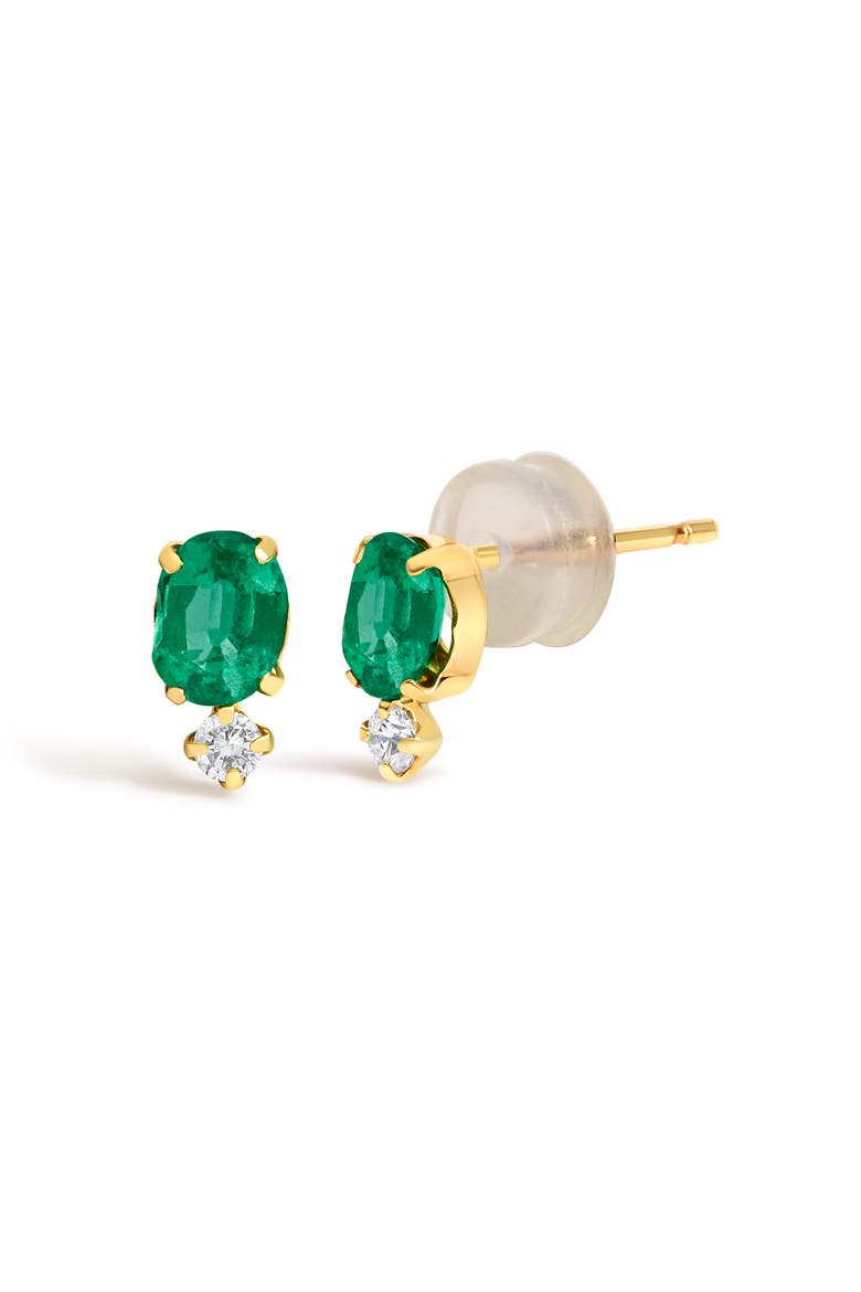 18K Yellow Gold Oval Green Emerald and Diamond Double Drop Stud Earrings, Alternate, color, Yellow Gold