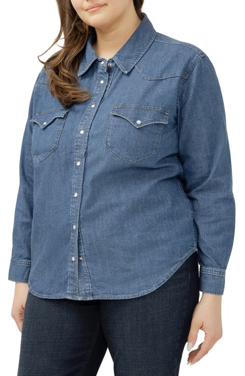 Cotton Blend Denim Snap-Up Western Shirt (Plus)