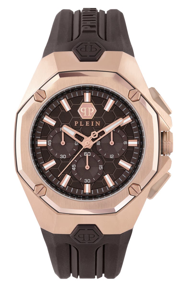 PHILIPP PLEIN Octagon Chronograph Silicone Strap Watch, 44mm, Main, color, Ip Rose Gold