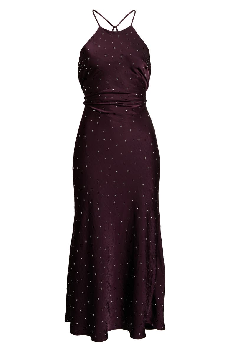 ASTR the Label Halley Rhinestone Open Back Satin Midi Dress, Alternate, color, Deep Purple