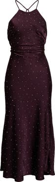 ASTR the Label Halley Rhinestone Open Back Satin Midi Dress