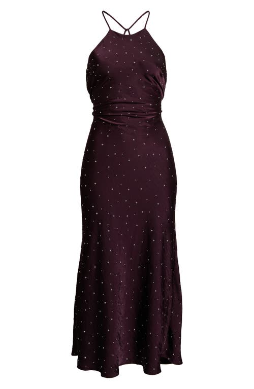 Astr The Label Halley Rhinestone Open Back Satin Midi Dress In Purple