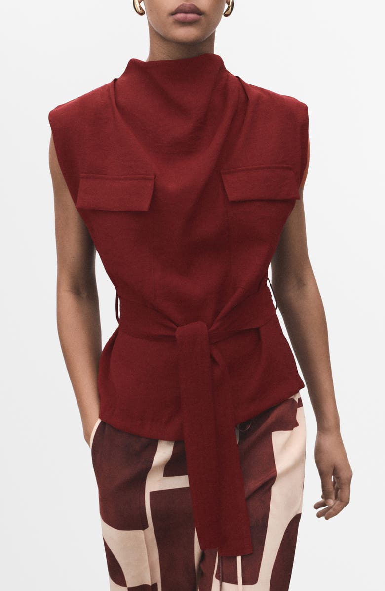 MANGO Tie Waist Drape Top, Main, color, Medium Red