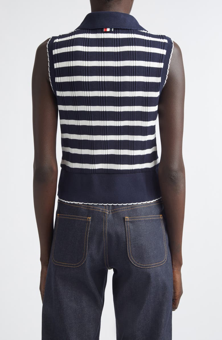 Thom Browne Stripe Scallop Edge Sleeveless Cotton Rib Polo, Alternate, color, Navy/ White