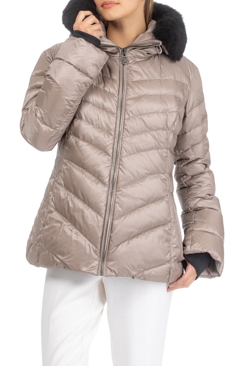 Apres-Ski Chevron Parka with Detachable Toscana Lamb Hood Trim, Main, color, Stone/Black
