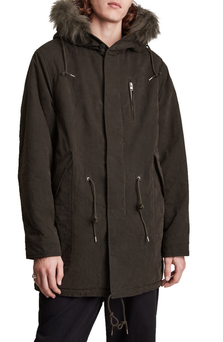 AllSaints Coln Fleece Lined Waxed Parka with Faux Fur Trim, Main, color, 