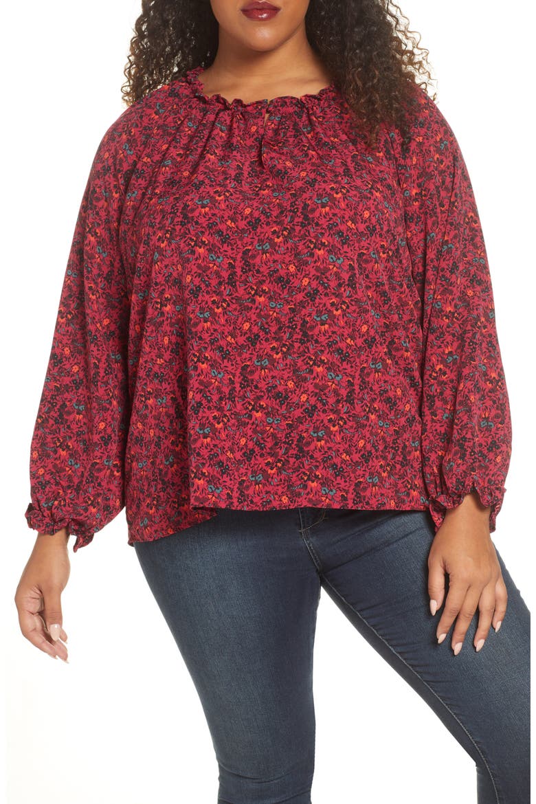 Regina Ruffle Neck Blouse, Main, color, DEEP BERRY DITSY