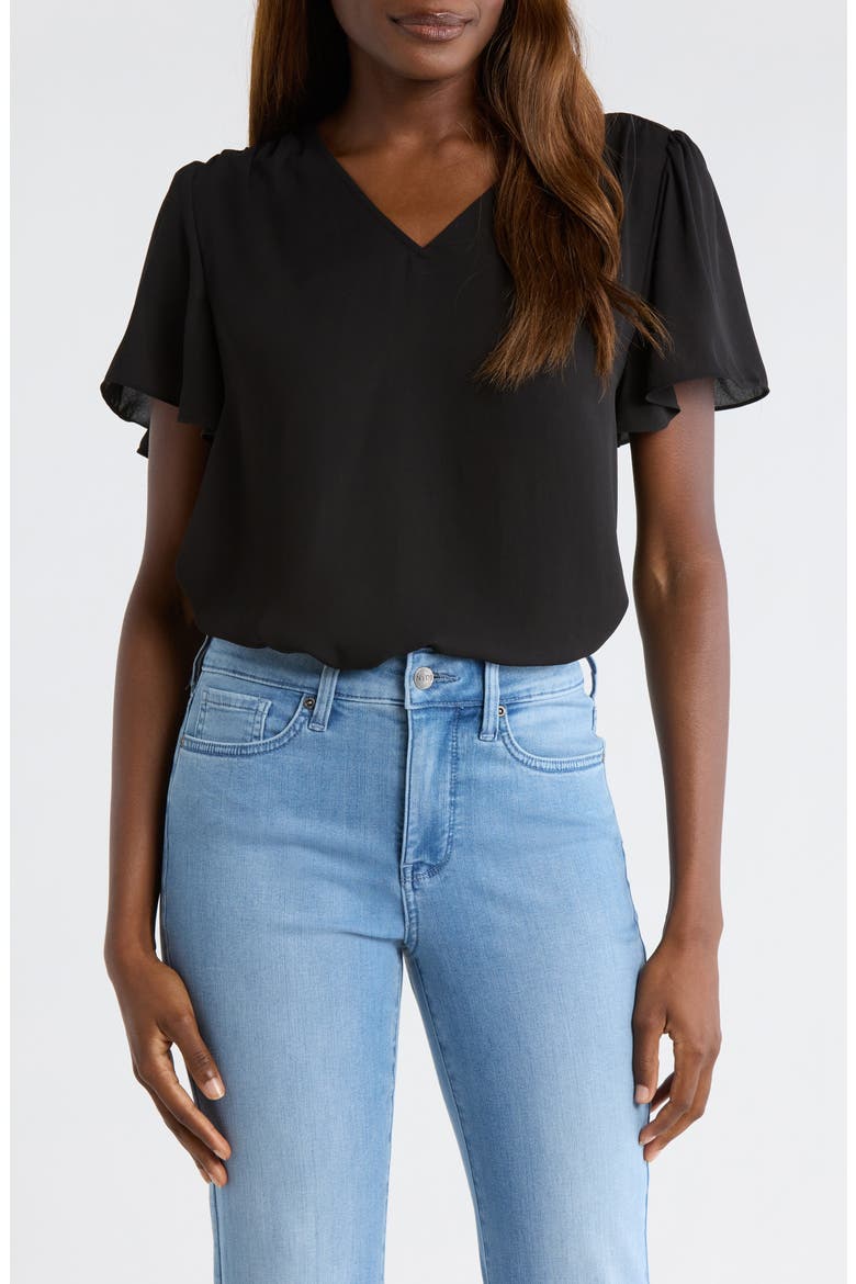 Pleated Back Flutter Sleeve Top, Main, color, BLACK