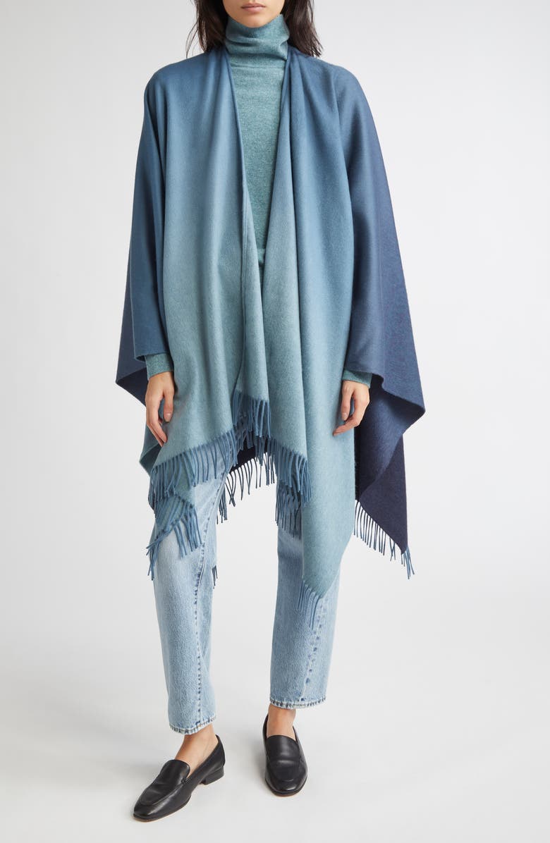 Johnstons of Elgin Ombré Fringe Trim Cashmere Cape, Alternate, color, Seascape / Navy
