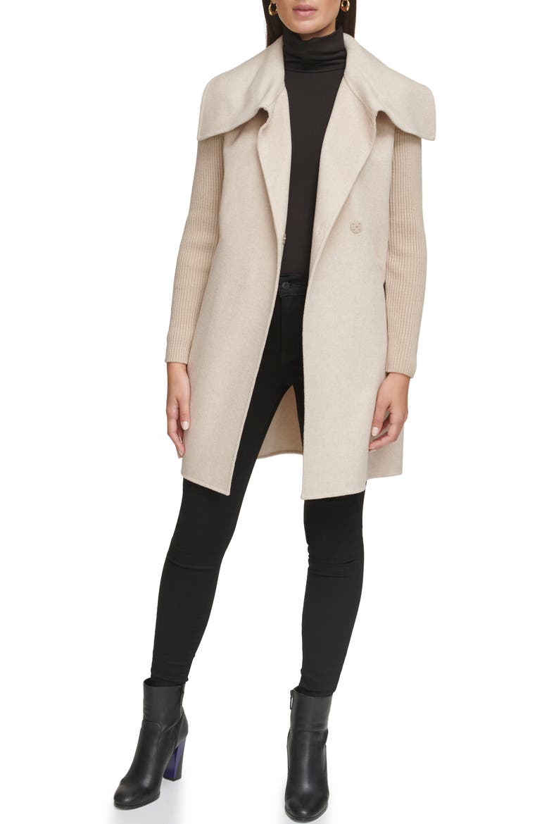 Rib Sleeve Mixed Media Coat, Alternate, color, OATMEAL