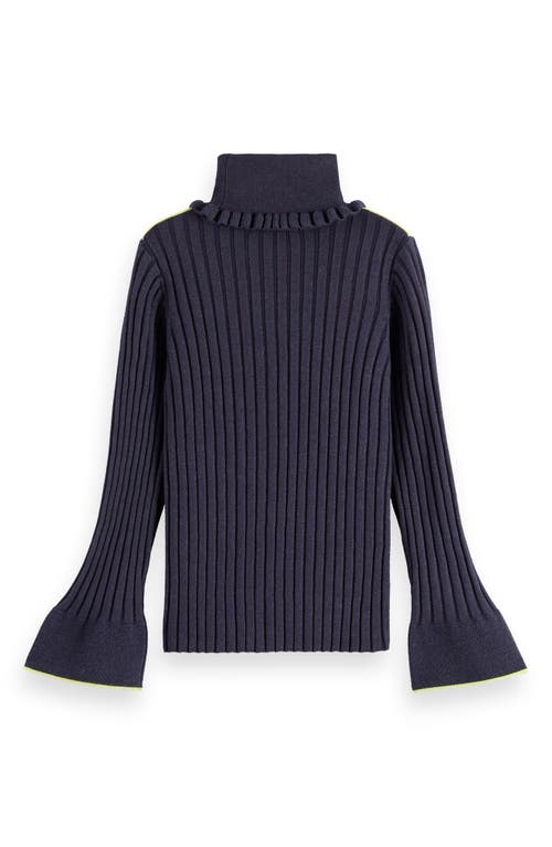 Scotch & Soda Kids' Rib Mock Neck Flare Sleeve Sweater In Blue
