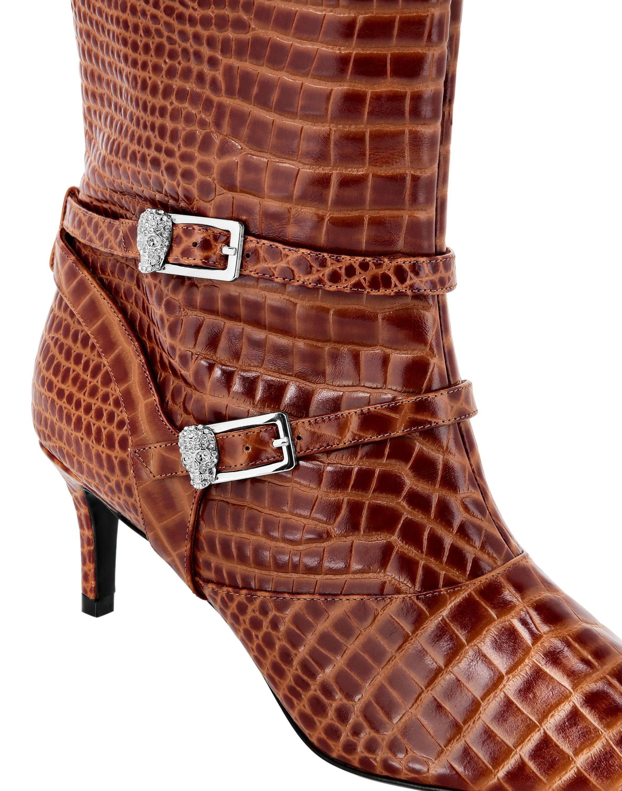 Low-Heel Strapped High Boots Cocco Print Women, Alternate, color, brown