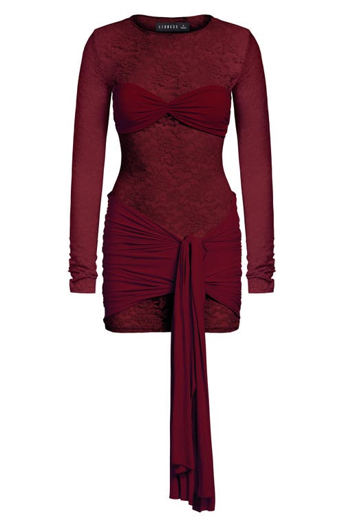 Lioness Midnight Long Sleeve Semisheer Lace Minidress In Burgundy