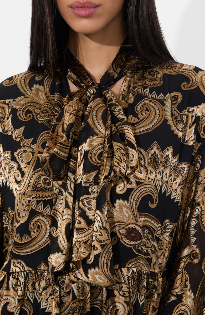 Alice + Olivia Opal Tie Neck Long Sleeve Minidress, Alternate, color, Spring Paisley Black