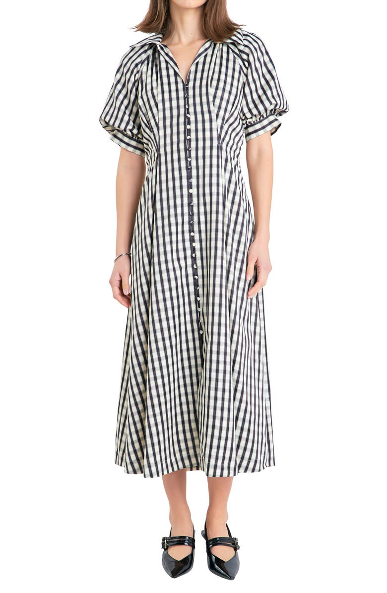 English Factory Gingham Puff Sleeve Midi Shirtdress, Alternate, color, Black Multi