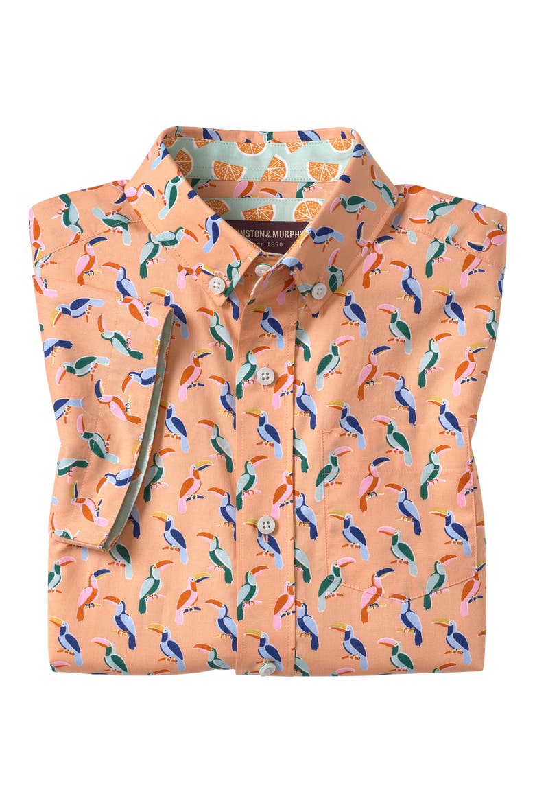 Kids' Toucan Print Short Sleeve Cotton Button-Down Shirt, Alternate, color, MELON