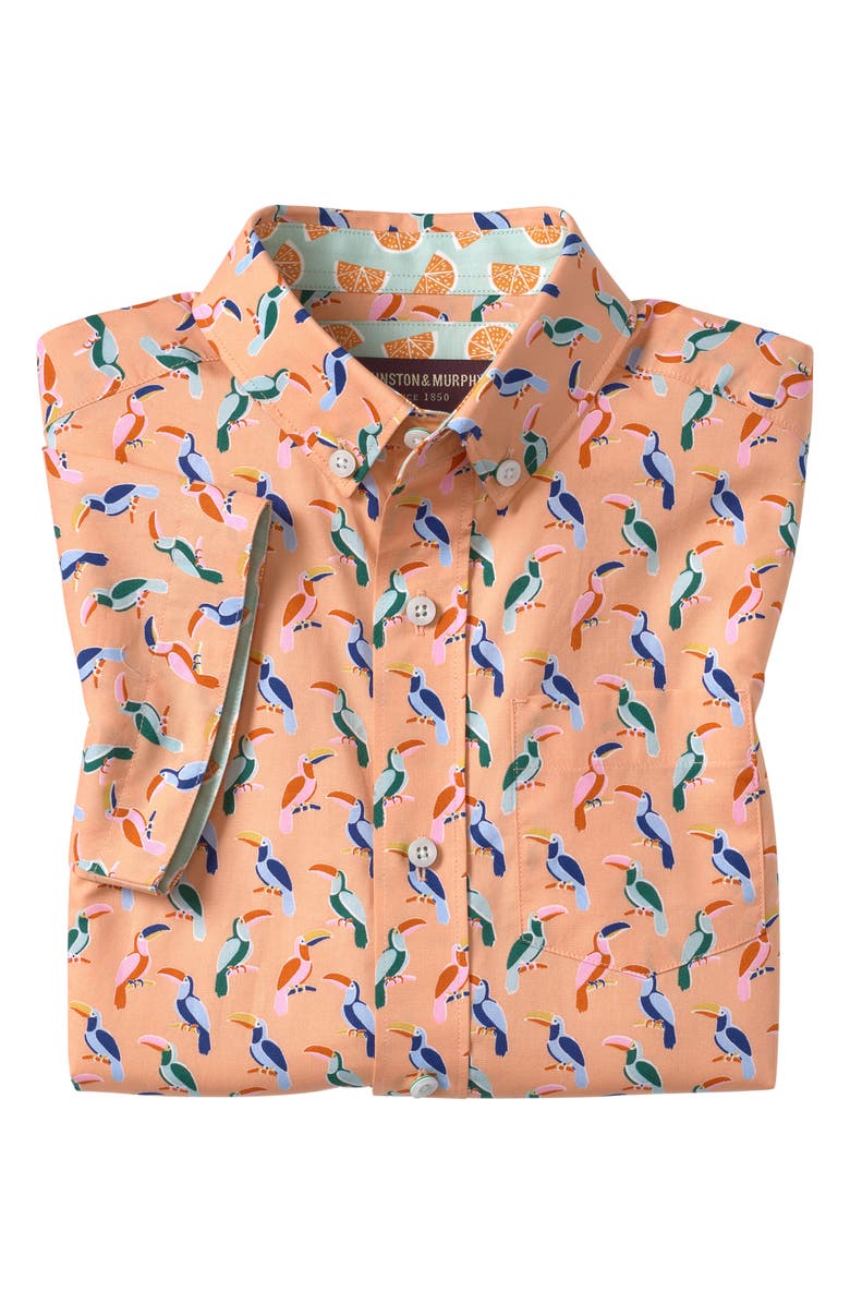 Johnston & Murphy Kids' Toucan Print Short Sleeve Cotton Button-Down Shirt, Alternate, color, Melon