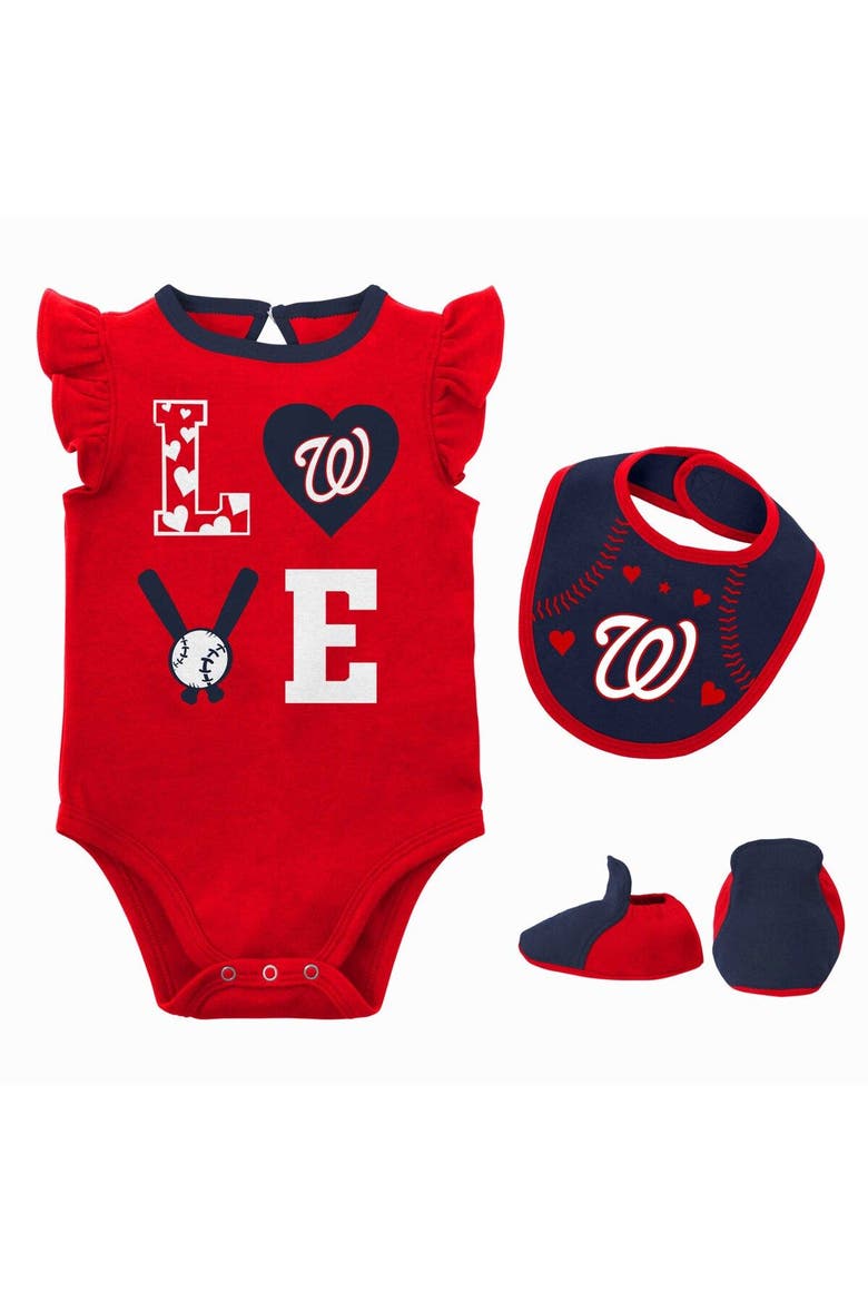 Newborn & Infant Red/Navy Washington Nationals Three-Piece Love of Baseball Bib Bodysuit & Booties Set, Main, color, Red