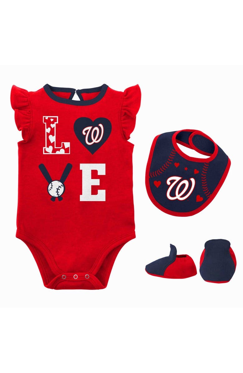 Outerstuff Newborn & Infant Red/Navy Washington Nationals Three-Piece Love of Baseball Bib Bodysuit & Booties Set, Main, color, Red