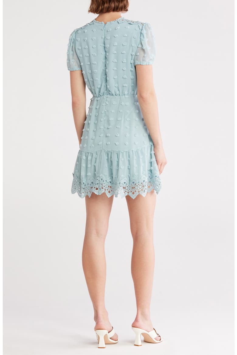 Romee Puff Sleeve Lace Trim Clip Dot Minidress, Alternate, color, SAGE