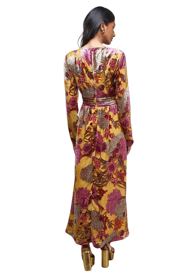 Plunge Neck Waisted Long Sleeve Dress, Alternate, color, Ochre
