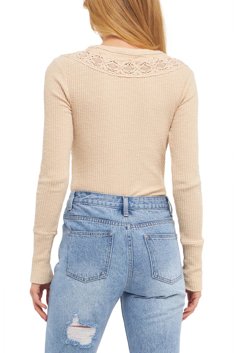 Lace Inset Rib Bodysuit, Alternate, color, BEIGE