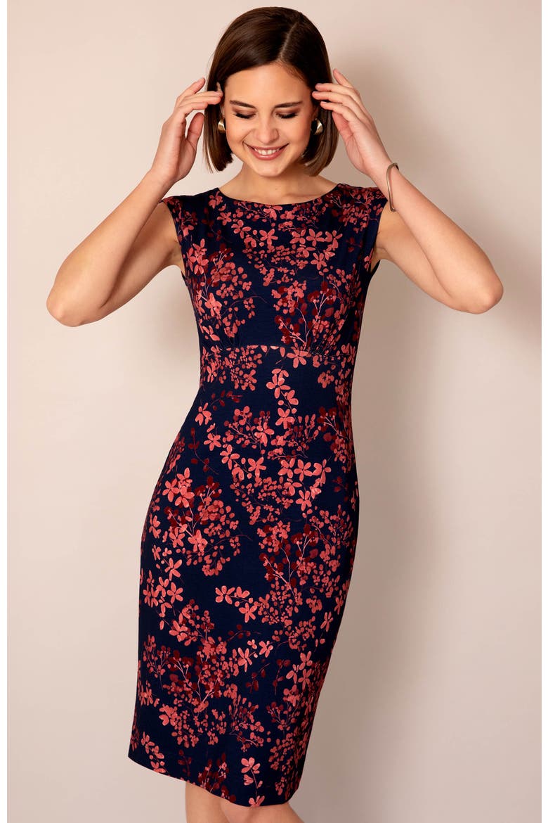 Sculpted Boatneck Floral Shift Dress, Alternate, color, Bronzed Blooms