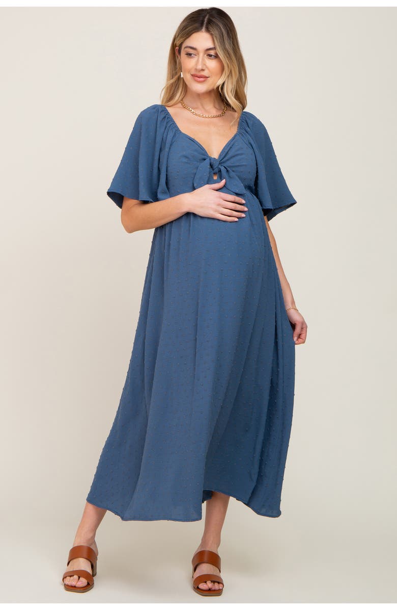 PinkBlush Textured Dot Front Tie Ruffle Sleeve Midi Dress, Main, color, Navy Blue