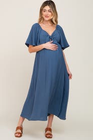 PinkBlush Textured Dot Front Tie Ruffle Sleeve Midi Dress