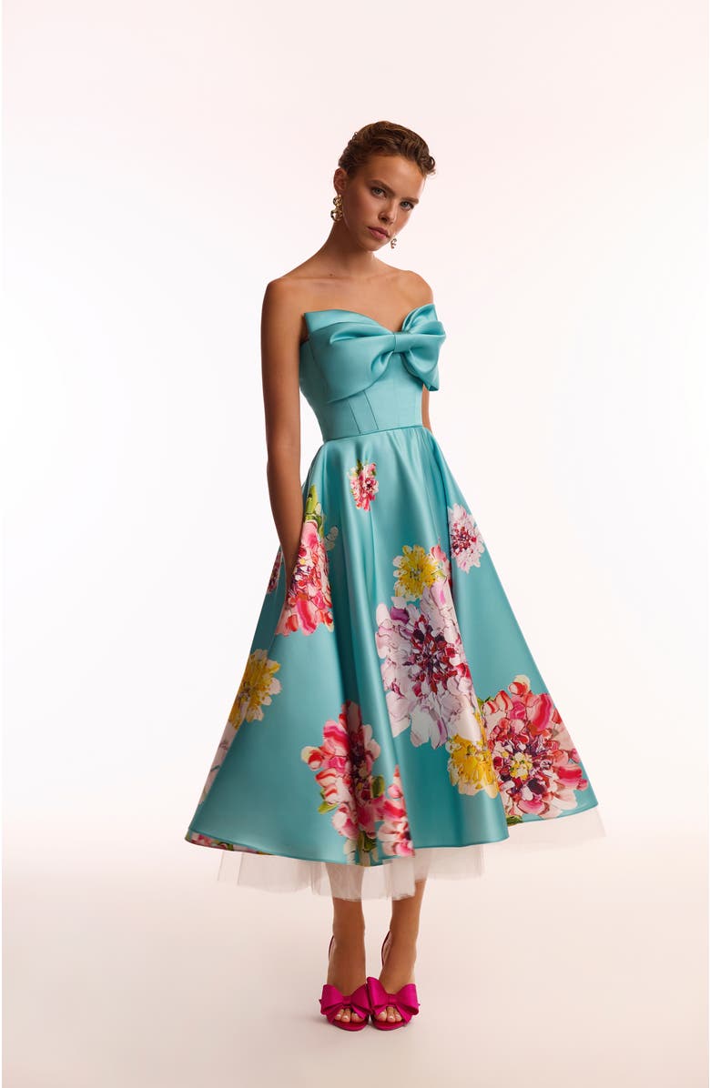 Milla Playful floral midi dress with bow, Alternate, color, Aquamarine Floral