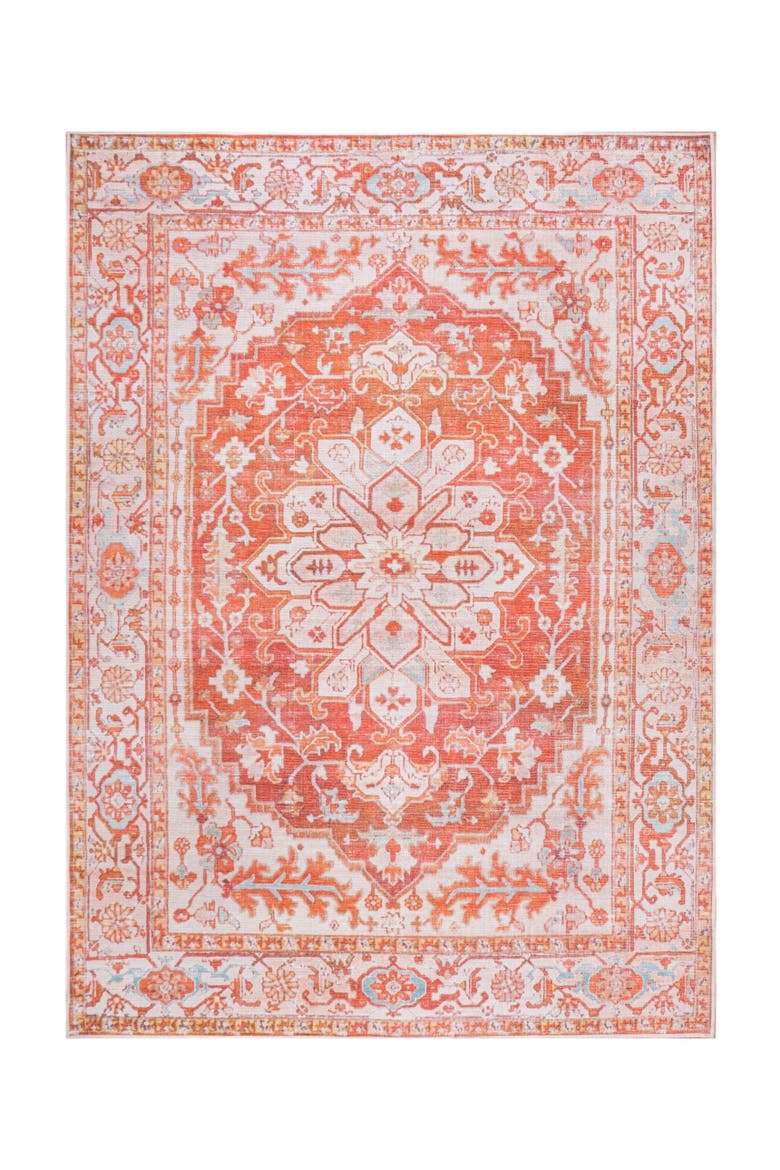 Asa Ornate Medallion Machine-Washable Area Rug, Main, color, Orange/Cream