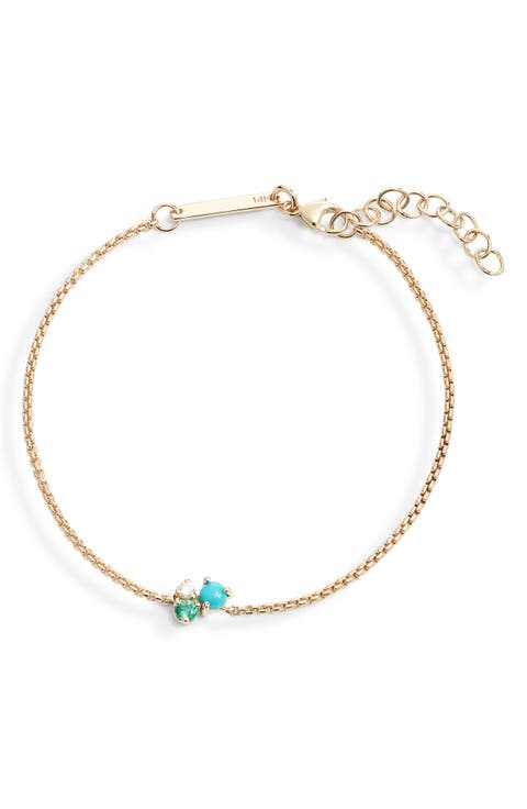 14K Gold Mixed Stone & Diamond Cluster Pendant Box Chain Bracelet