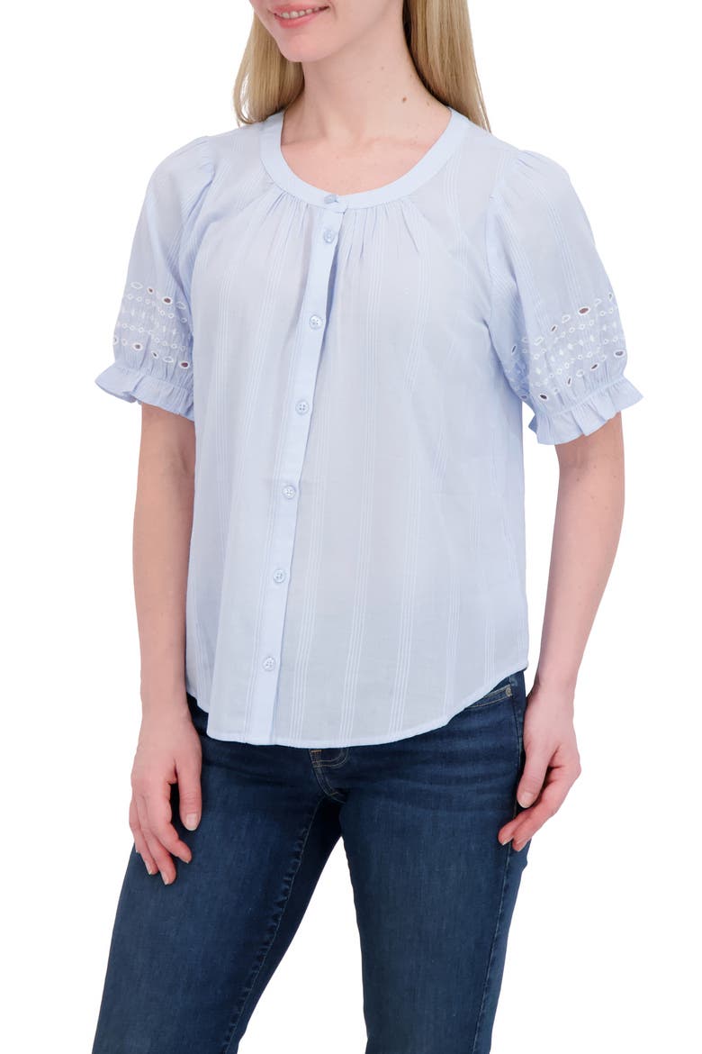 Puff Sleeve Button-Up Shirt, Alternate, color, CHAMBRAY BLUE