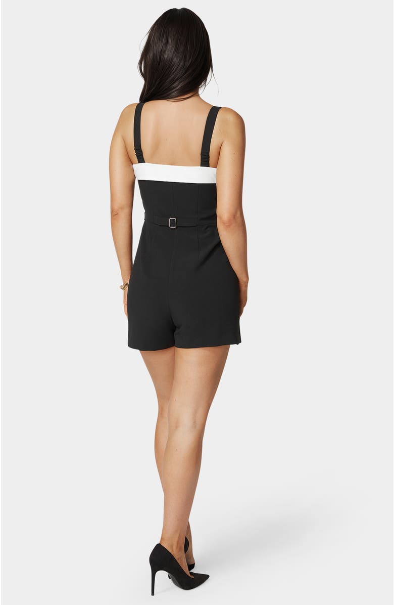 bebe Woven Twill Button Down Bustier Romper, Alternate, color, Black/White Alyssum